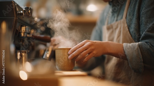 Fototapeta Naklejka Na Ścianę i Meble -  Person's hand holding a cup of coffee in front of a coffee machine. the person is wearing a blue apron and appears to be working in a coffee shop.