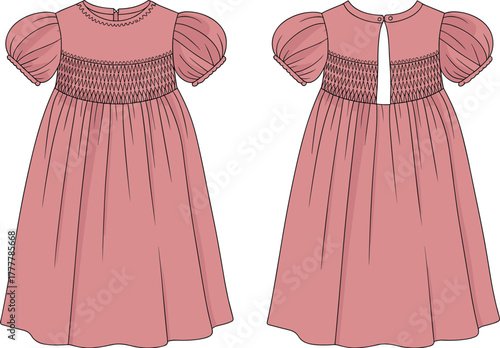 cad drawing, flat vector illustration, pink smocked dress, puff sleeves, front back view