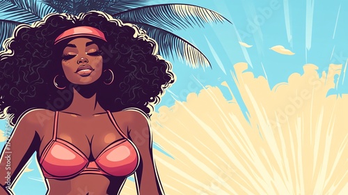 vibrant illustration of a woman in bikini under tropical sun with palm trees