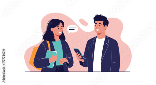 Young man and woman having a friendly conversation, smiling while the man shows something on his smartphone illustration.