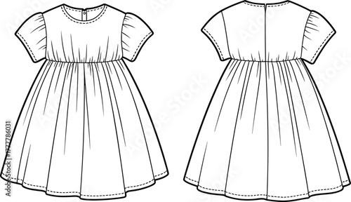 Girls puff sleeve dress, gathered waist design, front and back view, fashion flat sketch, cad vector illustration