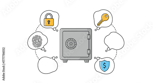 Security and financial protection concept with a metal safe surrounded by icons like a lock, key, fingerprint, and money shield.