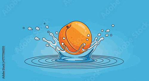 Vibrant Apricot Plunging Into Water Creates Dynamic Splash With Smooth Blue Background