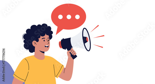 Person with curly hair making an important announcement or sharing news, speaking loudly into a megaphone with a speech bubble.