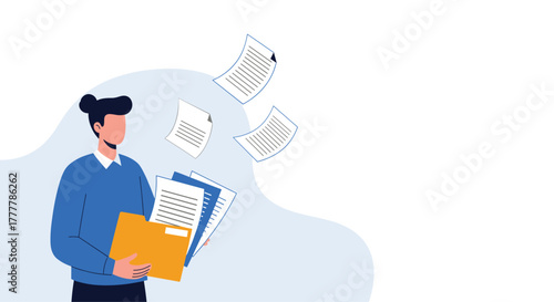 Businessman overwhelmed with paperwork, holding a folder and documents with papers flying around him on a light background.