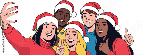 A group of friends wearing Santa hats taking a selfie