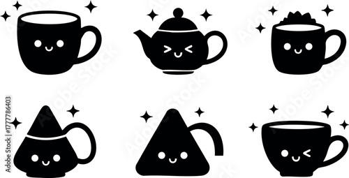 Cute kawaii tea cups and teapot vector icons with smiling faces and sparkles for playful beverage illustration 