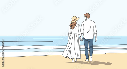 Romantic couple seen from behind, holding hands and walking barefoot on a sandy beach towards the ocean on their honeymoon.