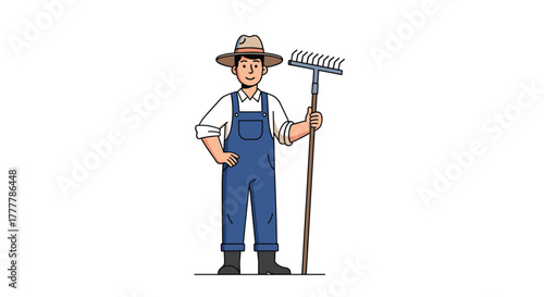 Confident cartoon farmer character in blue overalls and a hat, standing with one hand on his hip and holding a garden rake.