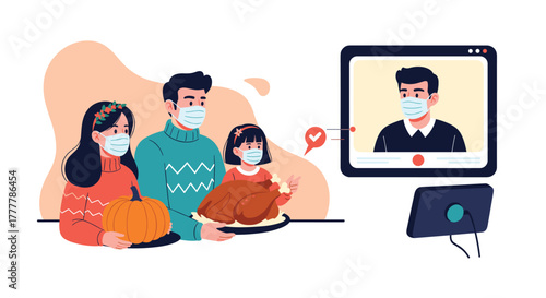 Family wearing face masks celebrating Thanksgiving at home with a virtual dinner party via video call during the pandemic.