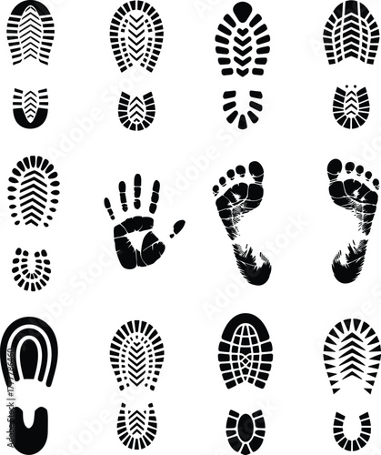 Print silhouette vector set, shoe sole patterns, handprint and barefoot designs, forensic texture grid, identification concept, black icon collection