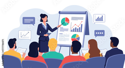 Businesswoman leading a seminar and presenting data with charts and graphs on a flip board to a diverse group of colleagues.
