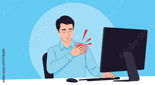 Office worker experiencing sharp shoulder pain and muscle strain from sitting at his computer desk for too long with bad posture.