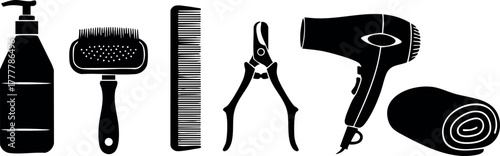 Hair salon tools vector set with brush, comb, scissors, hair dryer, towel, and bottle for professional styling 