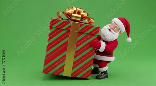 Santa Claus Peeking Out from Behind a Large Festive Gift Box with a Cheery Smile and Traditional Costume on Bright Green Background