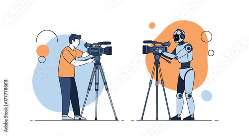 Human filmmaker and an AI robot working together as cameramen, showing collaboration between humans and artificial intelligence.