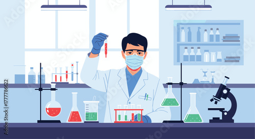 Male scientist in a laboratory conducting research, holding a test tube with a blood sample for chemical or medical analysis.