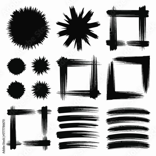 Brush paint stroke set. Black stain texture
background abstract vector ink splashes. rough paintbrush mark sketch shape frames