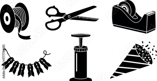 Party decoration essentials vector set with scissors tape roll balloon pump garland and confetti cone icons 
