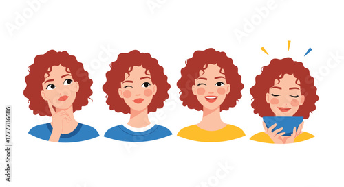 Set of four expressions of a young woman with curly red hair, showing her thinking, winking, smiling, and using a tablet.