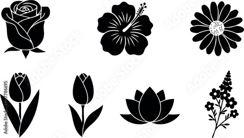 Flower silhouettes featuring rose, hibiscus, daisy, tulip, lotus, and lilac in simple black vector illustration set 