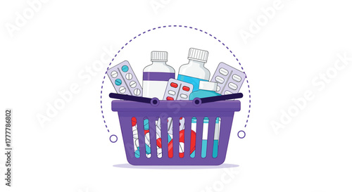 Purple shopping basket filled with a variety of medications including pills, capsules, and bottles, representing online pharmacy services.