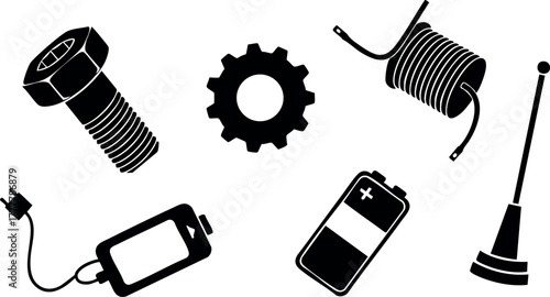 Industrial mechanical parts and electrical components vector silhouettes isolated on white background for engineering and technology projects 