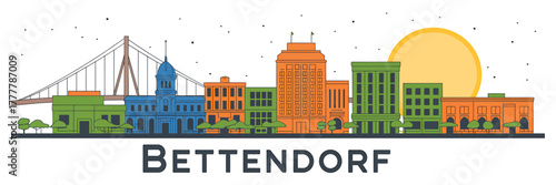 Bettendorf Iowa Skyline Cityscape Illustration with Mississippi River Bridge and Colorful Buildings in the Sunset Light