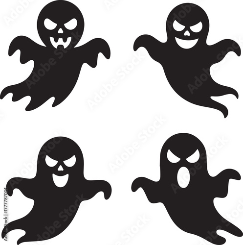 Four black halloween ghost silhouettes with different expressions on white background