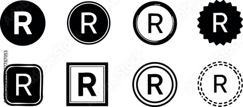 Registered trademark symbol vector icons in various black and white outlined and filled styles, modern simple branding collection 