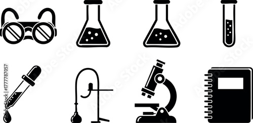 Science laboratory equipment vector set with microscope test tubes flasks safety glasses dropper and notebook icons 