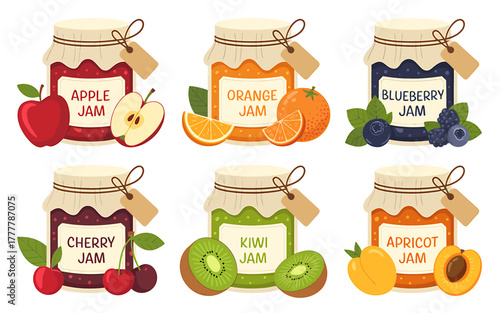 Delicious Assortment of Fruit Jams Homemade Preserves in Glass Jars with Fresh Fruits