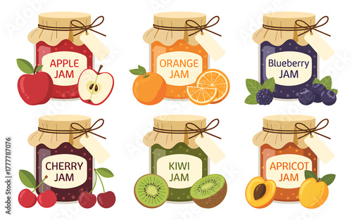 Delicious assortment of fruit jams in glass jars with labels and fresh fruit accompaniment presented on a white background