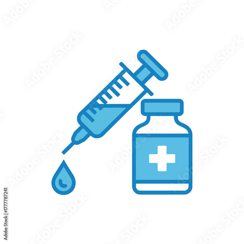 Medical Syringe with Vaccine Vial Blue Icon on White Background for Healthcare Promotion and Disease Prevention Campaigns