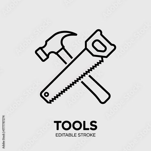 Icon of Hammer and Hand Saw for Home Improvement and Construction Minimalist Line Art