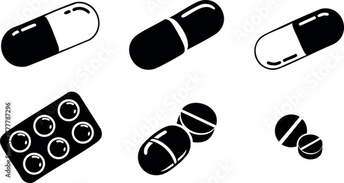 Assorted medicine capsules and tablets in black and white vector style for pharmaceutical health concepts 
