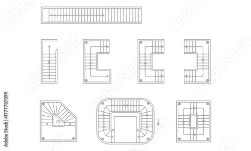 Architectural staircase and door vector set with detailed top view layouts for building plans. Perfect for architecture drafts, CAD drawings, floor plans, construction blueprints, and design visualiza