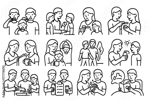 Scene tea together helping brushing warm health meal icon checklist family vector