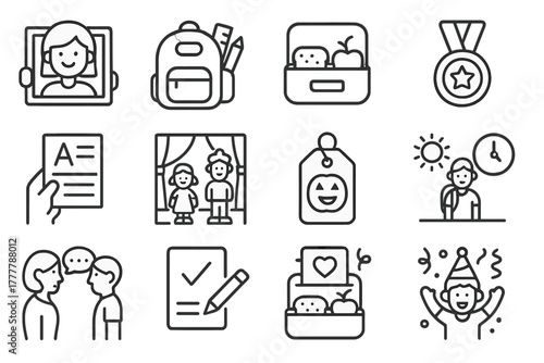Costume school encouragement awards tag lunchbox icons icon day morning vector rituals