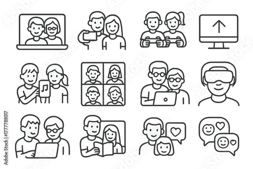 Icon digital shared emojis icons watch headset story vector tech movie family