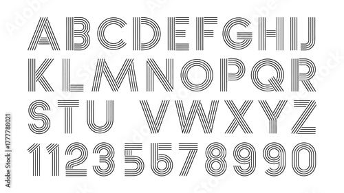 Retro Striped Alphabet and Numbers Set Perfect for Graphic Design and Typography Projects with a Modern Yet Vintage Appeal