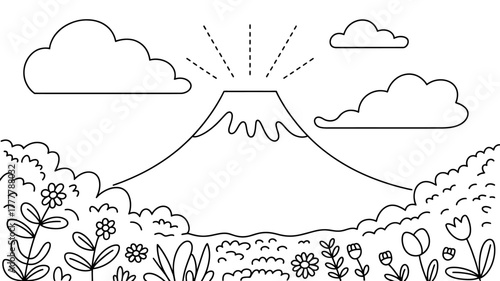 Mount Fuji outline illustration landscape with flowers and sun rays creating a peaceful scene in Japanese style art
