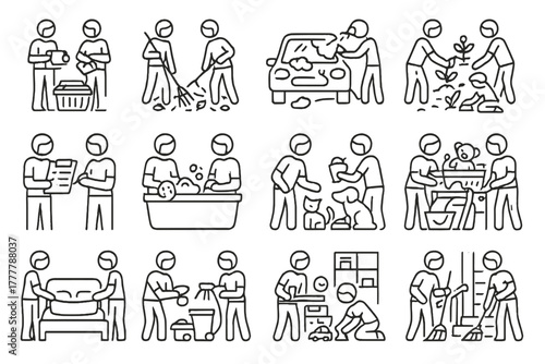 Vector chore car leaves together garbage grid sheets moment raking icon flowers