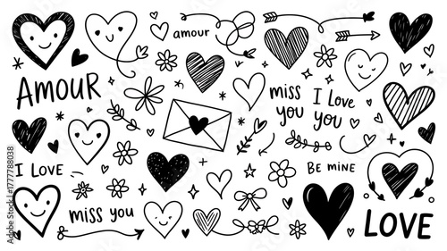 Hand Drawn Doodle Hearts and Valentines Day Elements Illustration Vector for Romantic Design and Decoration