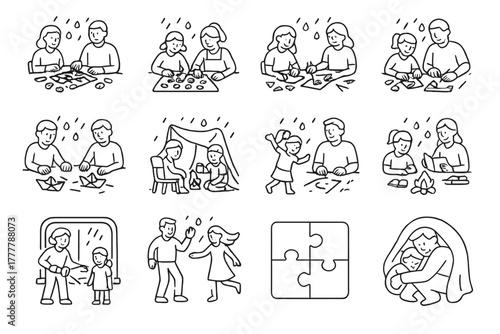 Board storytelling nap game rainy activities boats making vector icon paper puzzle