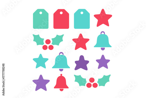 Colorful collection of Christmas holiday symbols including stars bells holly and gift tags