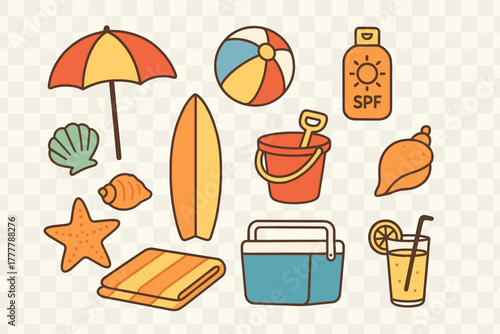 Colorful collection of summer beach vacation essentials: umbrella, surfboard, and sunscreen