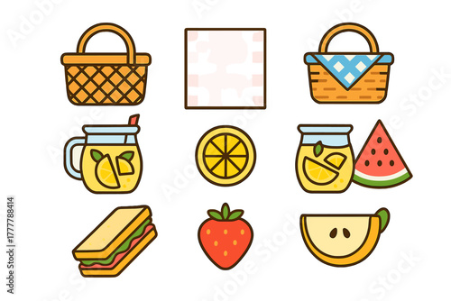 Colorful picnic essentials collection with baskets, lemonade, sandwich, and fresh fruits