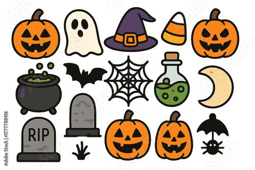 Collection of classic Halloween symbols and spooky objects in a flat design style