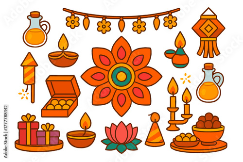 Traditional Indian Diwali festival celebration elements set with diya lamps, sweets, gifts, and decorations